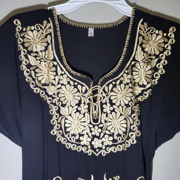 Mexican Elegant Black and Gold Embroidered Midi Dress - Picture 6 of 15